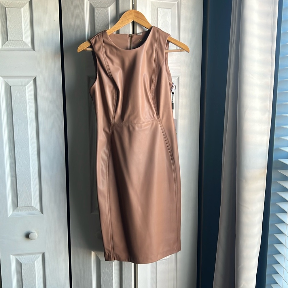 NEW, UNWORN Tan faux leather Calvin Klein midi dress